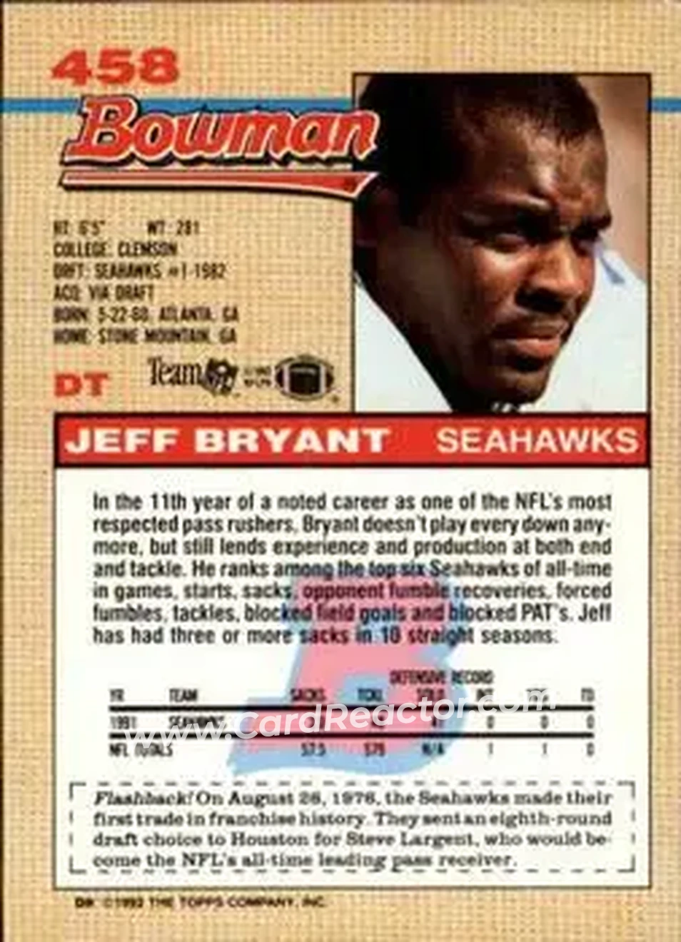 1992 Bowman #458 - Jeff Bryant - Seattle Seahawks - Back 1992 Bowman #458 - Jeff Bryant - Seattle Seahawks - Back