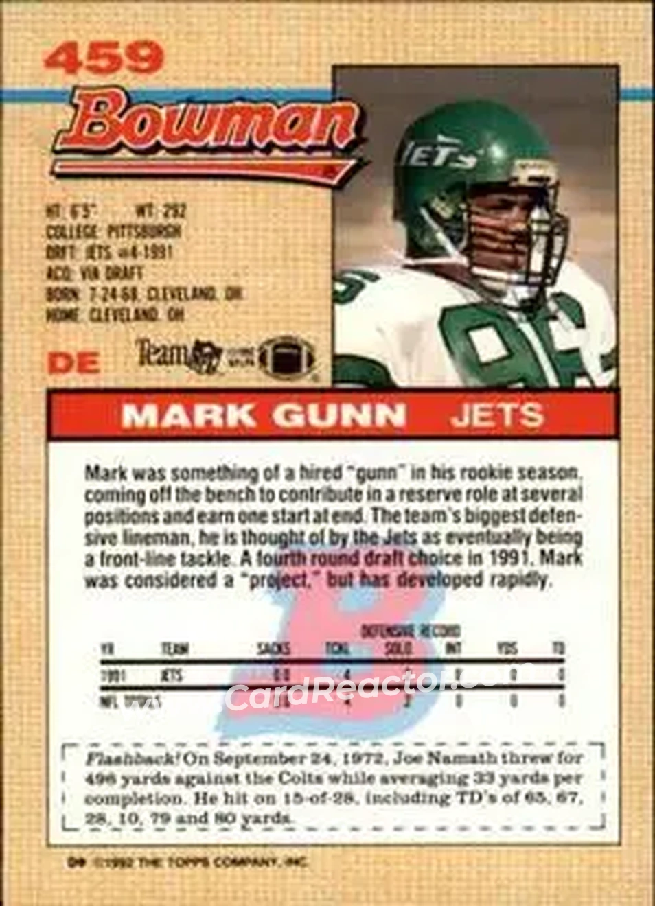 1992 Bowman #459 - Mark Gunn - New York Jets - Back