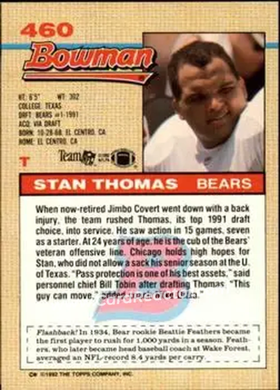 1992 Bowman #460 - Stan Thomas - Chicago Bears - Back