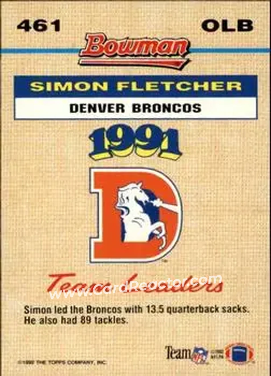 1992 Bowman #461 - Simon Fletcher - Denver Broncos - Back