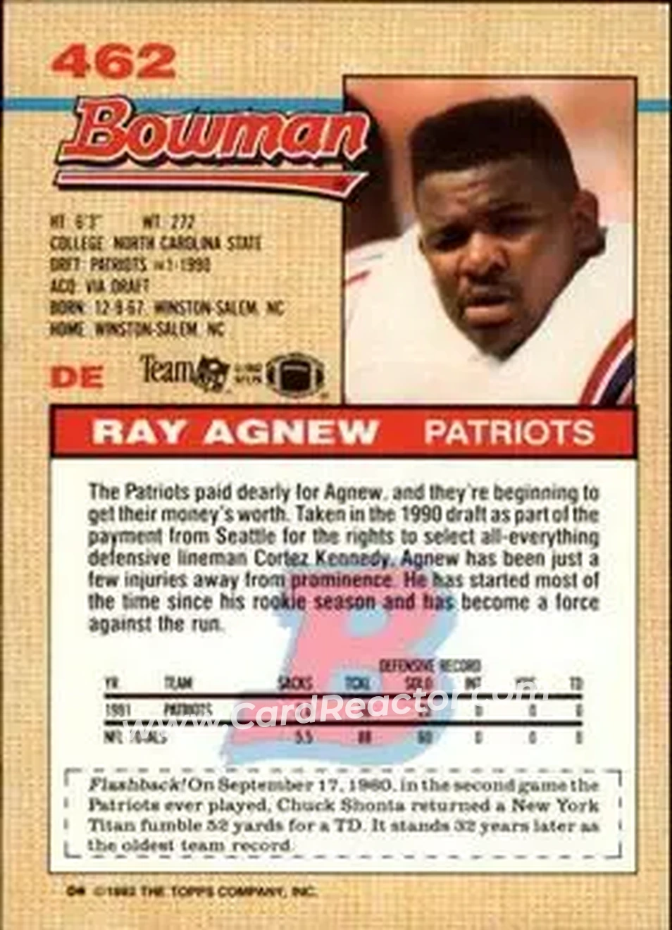1992 Bowman #462 - Ray Agnew - New England Patriots - Back