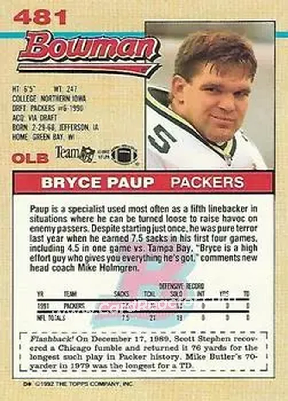 1992 Bowman #481 - Bryce Paup - Green Bay Packers - Back