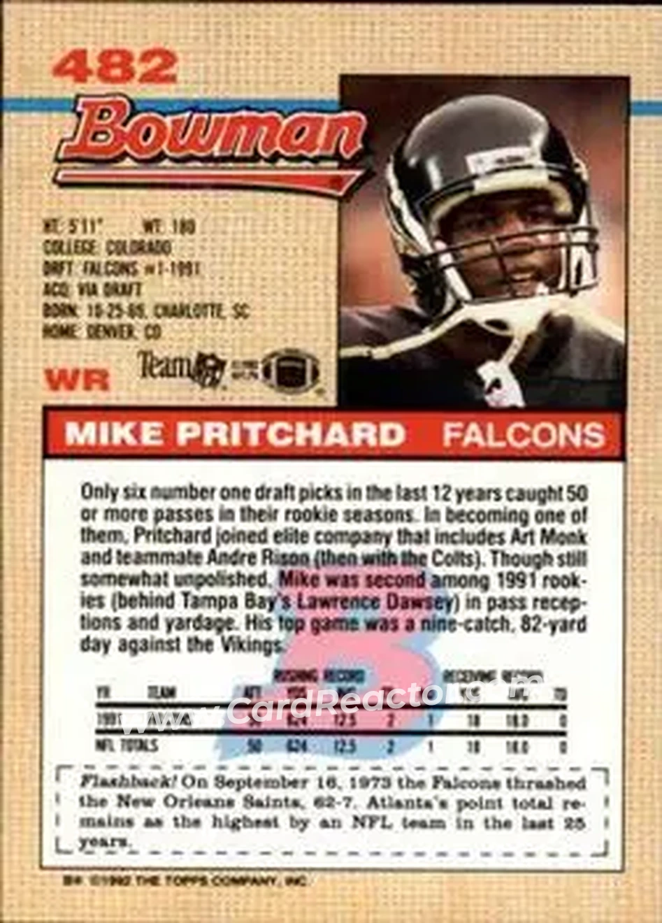 1992 Bowman #482 - Mike Pritchard - Atlanta Falcons - Back