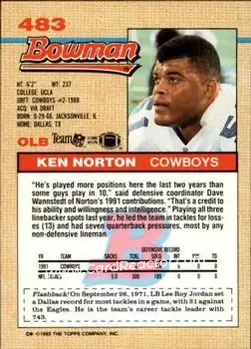 1992 Bowman #483 - Ken Norton - Dallas Cowboys - Back