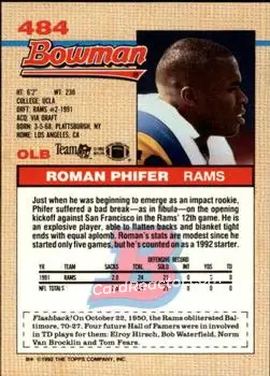 1992 Bowman #484 - Roman Phifer - Los Angeles Rams - Back