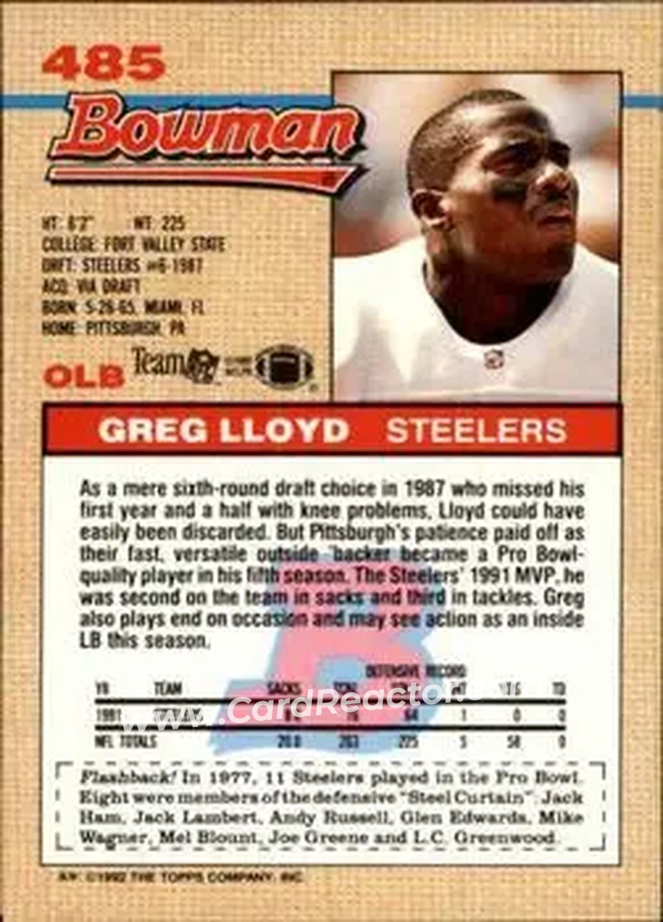 1992 Bowman #485 - Greg Lloyd - Pittsburgh Steelers - Back