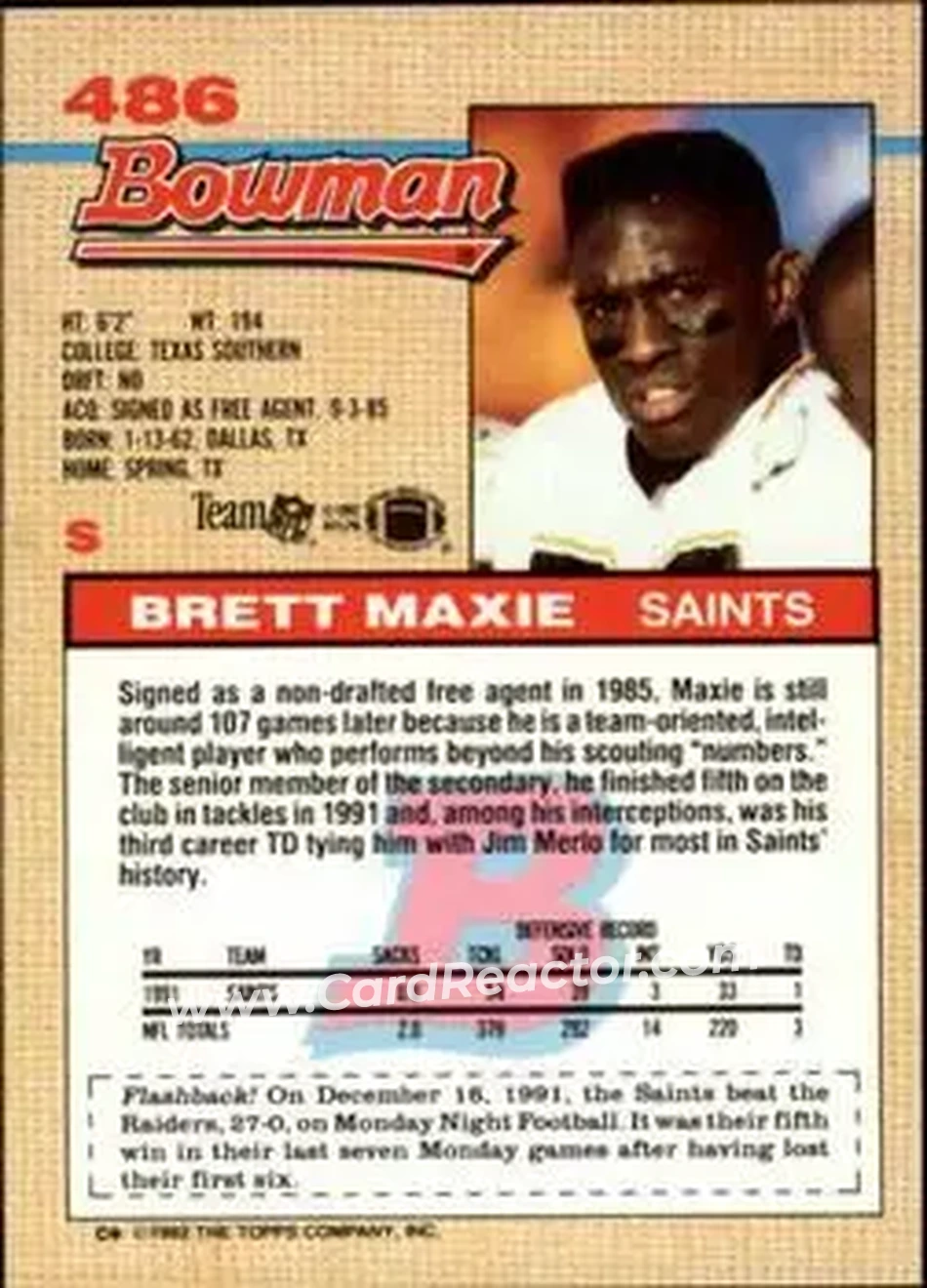 1992 Bowman #486 - Brett Maxie - New Orleans Saints - Back