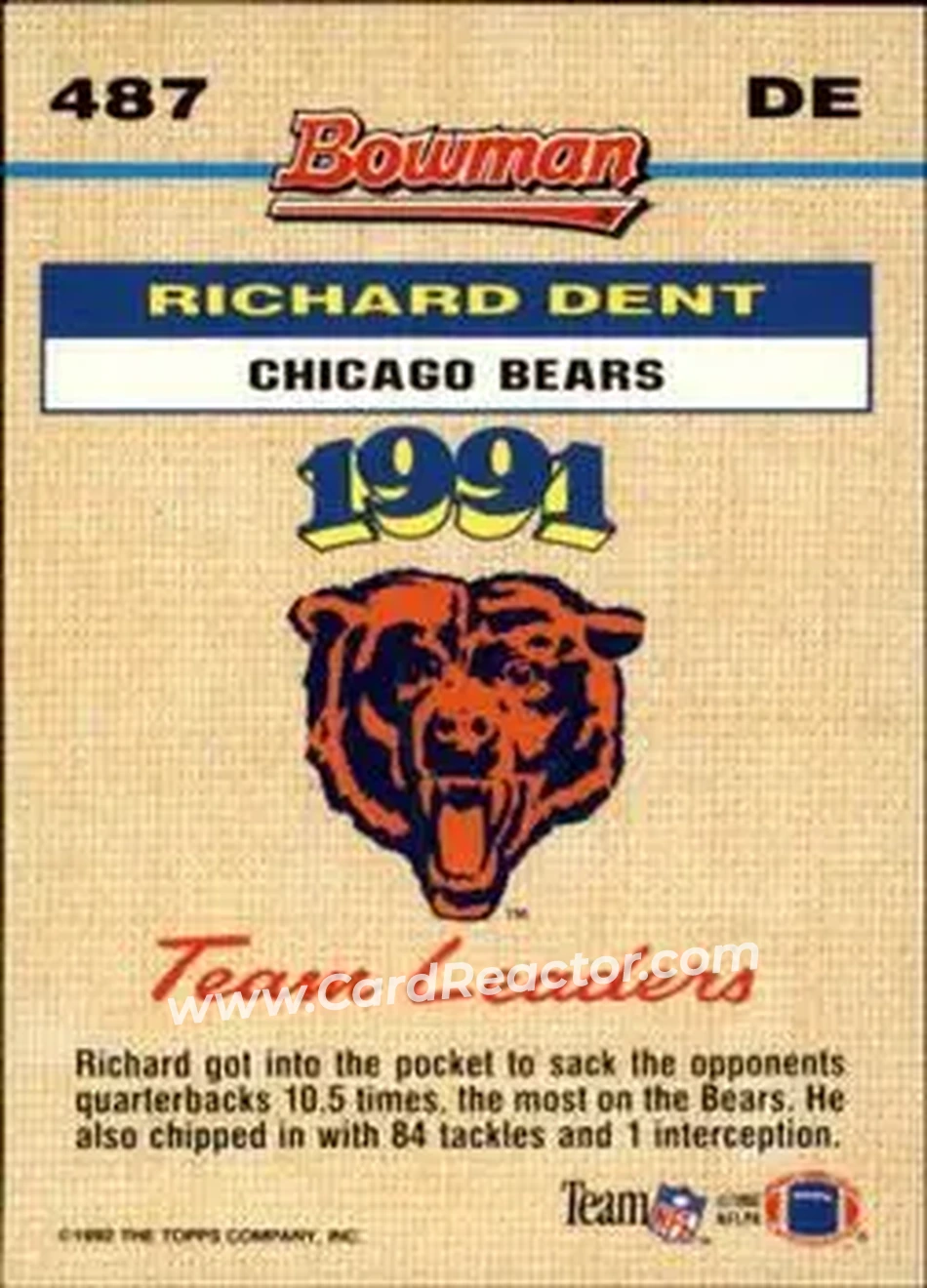 1992 Bowman #487 - Richard Dent - Chicago Bears - Back