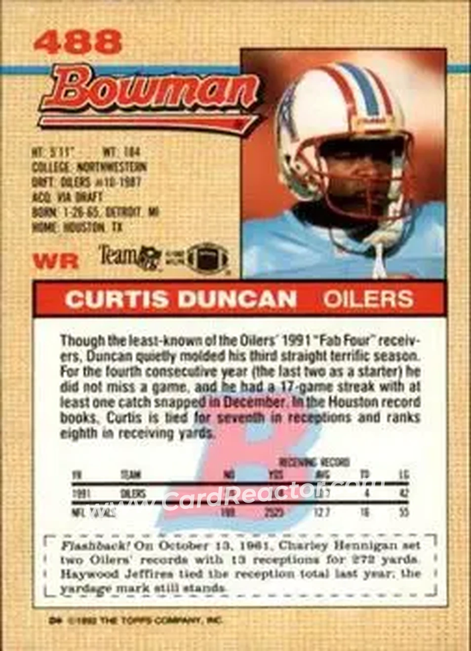 1992 Bowman #488 - Curtis Duncan - Houston Oilers - Back