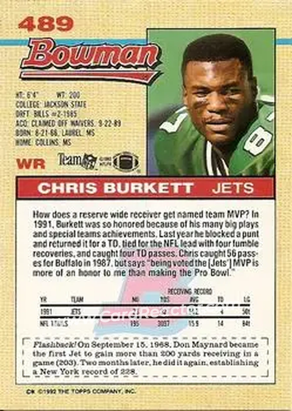 1992 Bowman #489 - Chris Burkett - New York Jets - Back