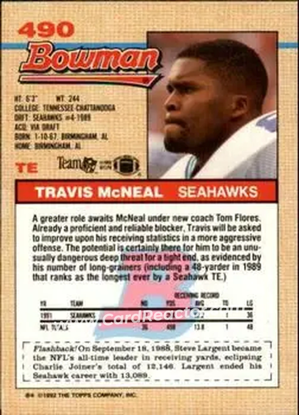 1992 Bowman #490 - Travis McNeal - Seattle Seahawks - Back