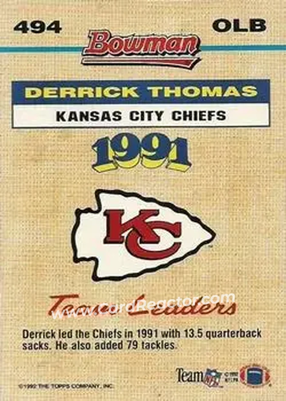 1992 Bowman #494 - Derrick Thomas - Kansas City Chiefs - Back