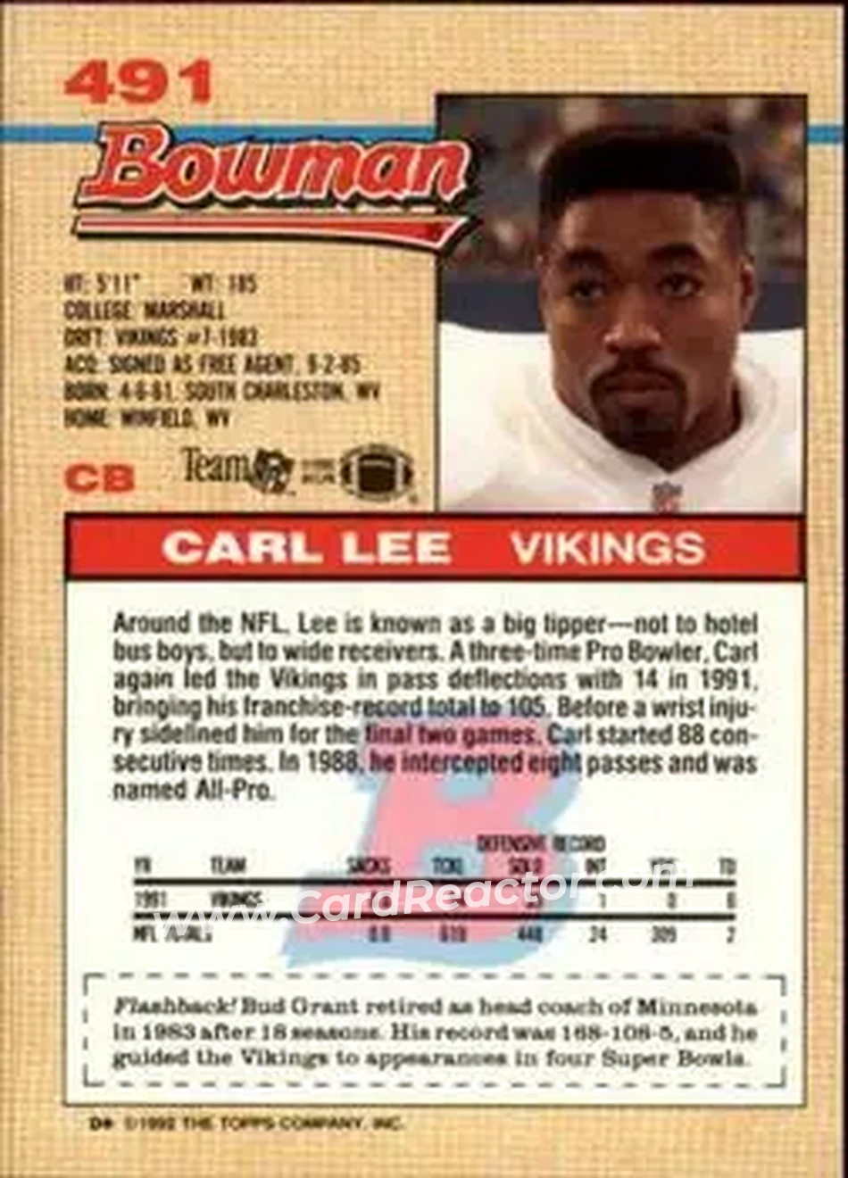 1992 Bowman #491 - Carl Lee - Minnesota Vikings - Back