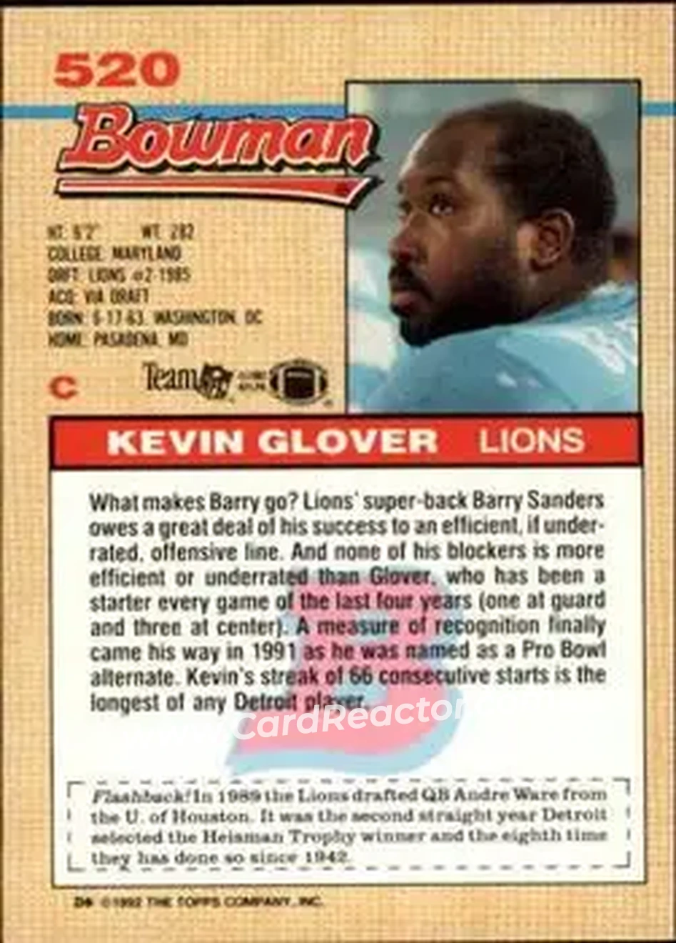 1992 Bowman #520 - Kevin Glover - Detroit Lions - Back
