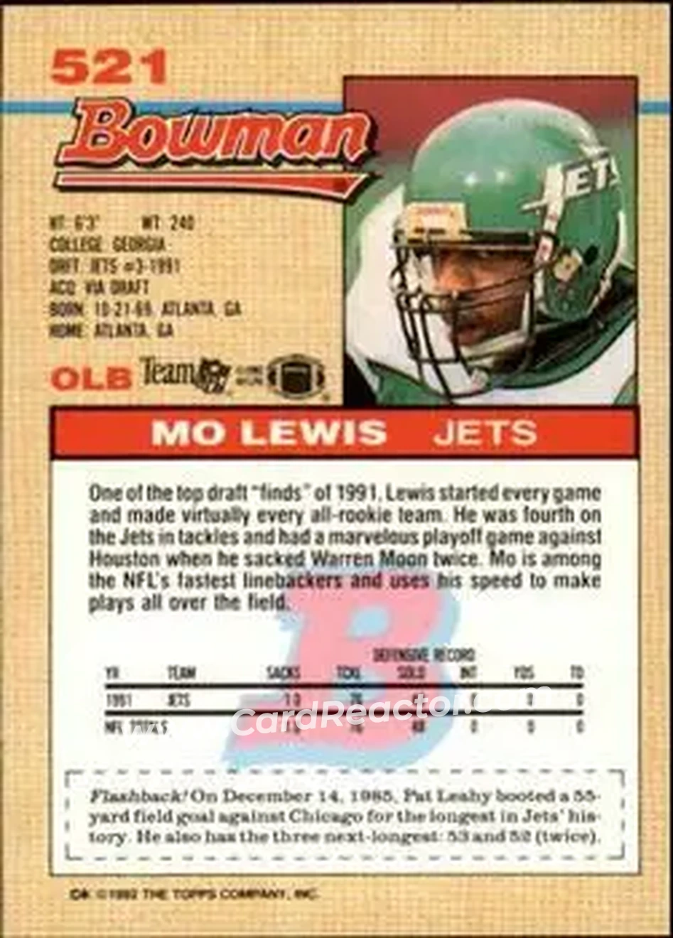 1992 Bowman #521 - Mo Lewis - New York Jets - Back