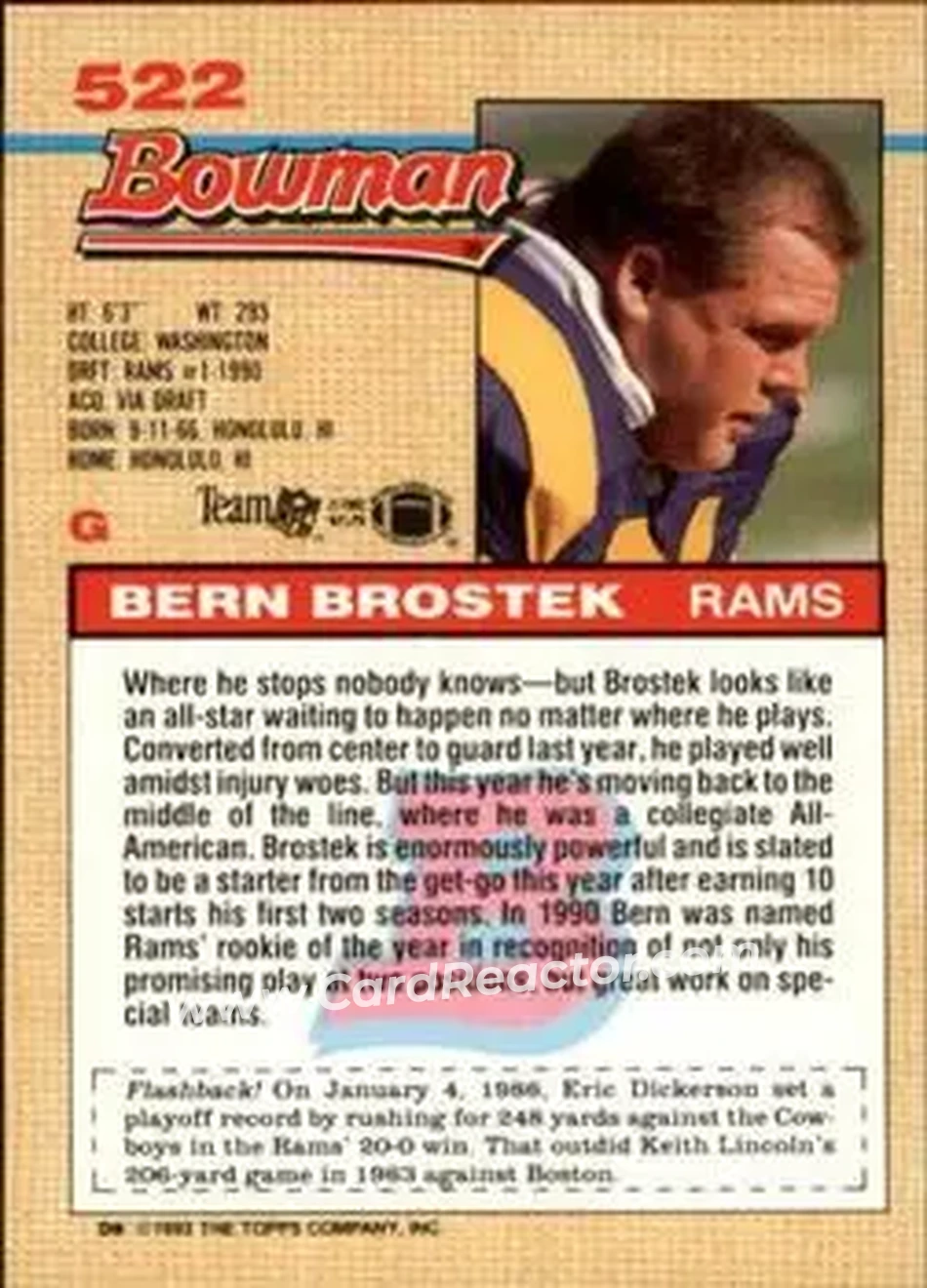 1992 Bowman #522 - Bern Brostek - Los Angeles Rams - Back