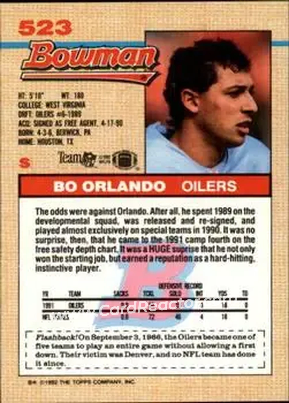 1992 Bowman #523 - Bo Orlando - Houston Oilers - Back