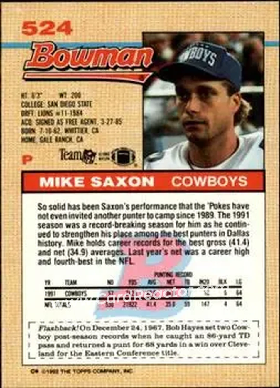 1992 Bowman #524 - Mike Saxon - Dallas Cowboys - Back