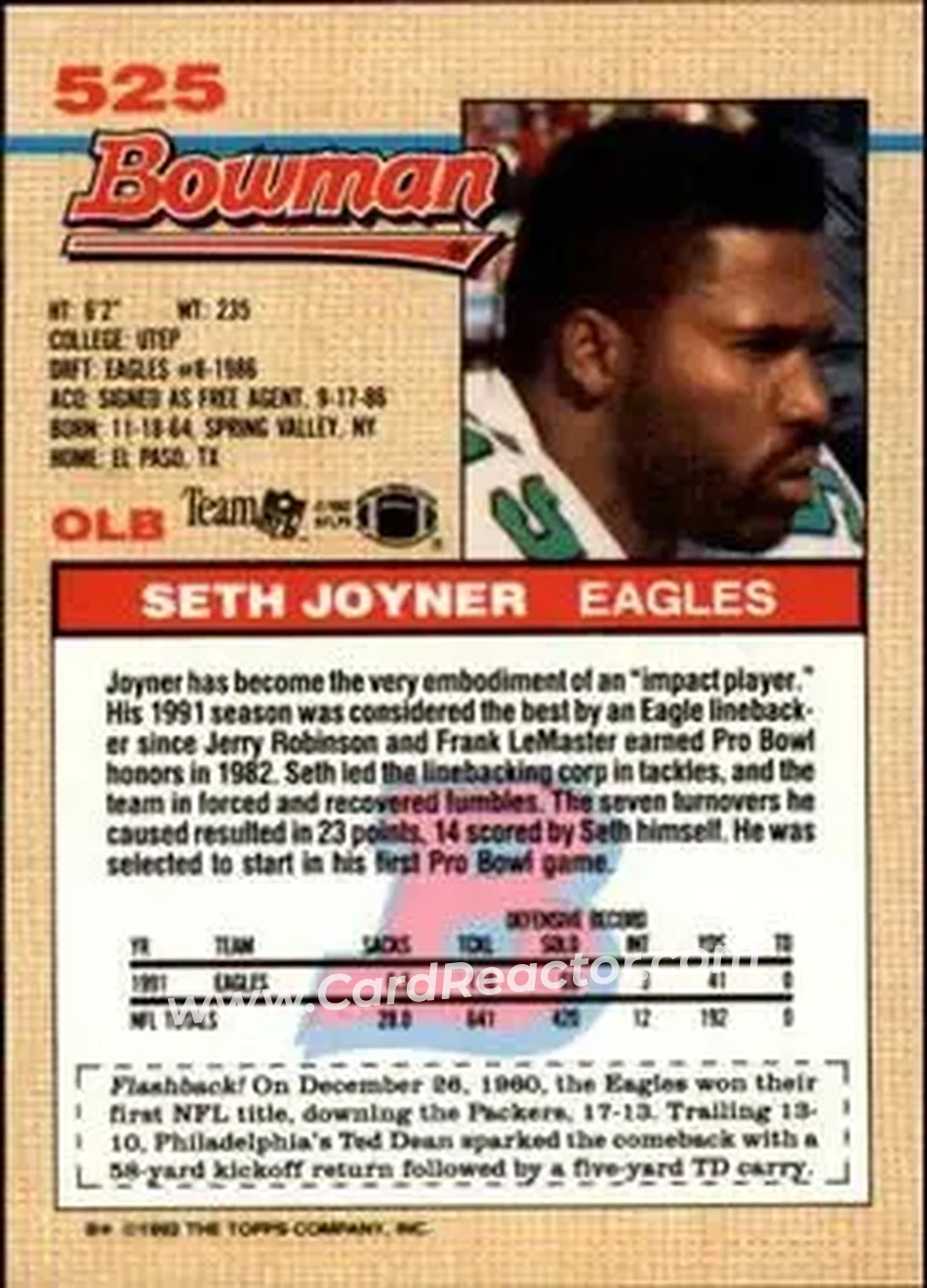1992 Bowman #525 - Seth Joyner - Philadelphia Eagles - Back