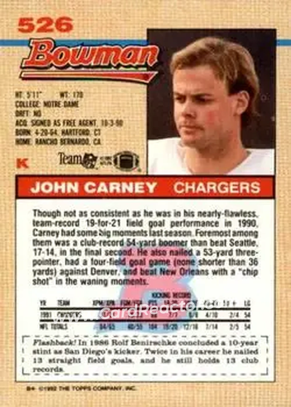 1992 Bowman #526 - John Carney - San Diego Chargers - Back