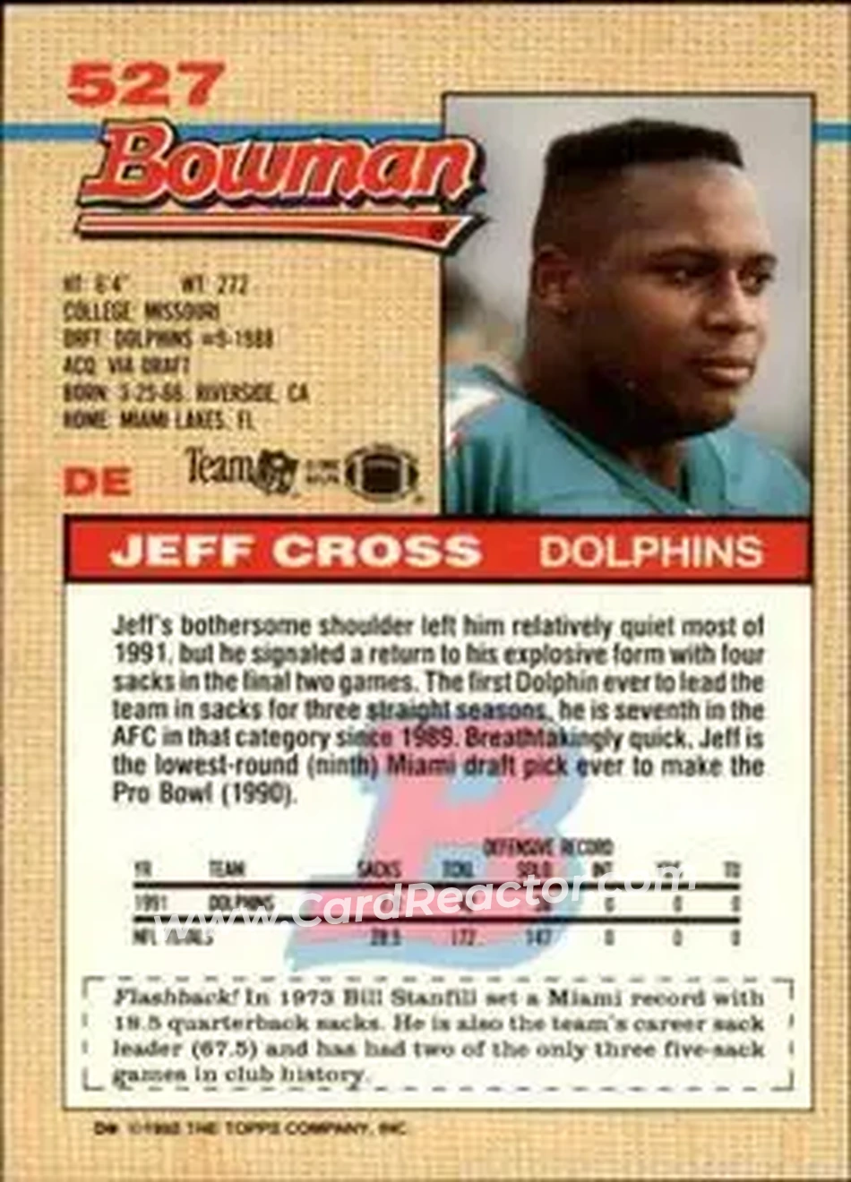 1992 Bowman #527 - Jeff Cross - Miami Dolphins - Back