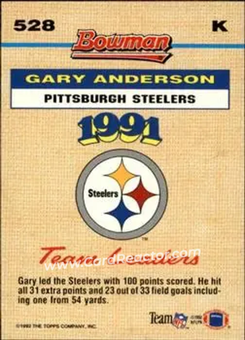 1992 Bowman #528 - Gary Anderson - Pittsburgh Steelers - Back