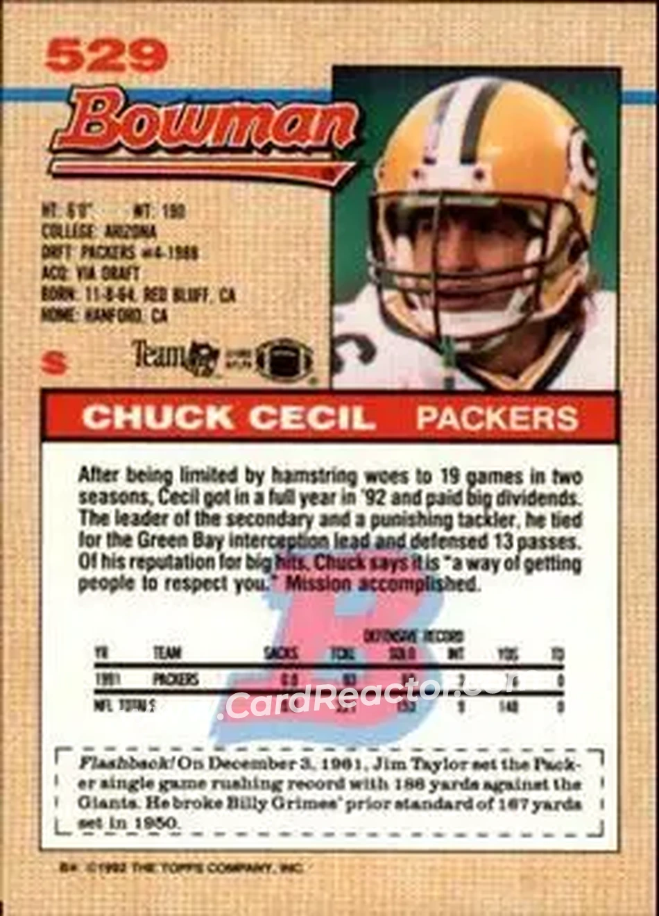 1992 Bowman #529 - Chuck Cecil - Green Bay Packers - Back