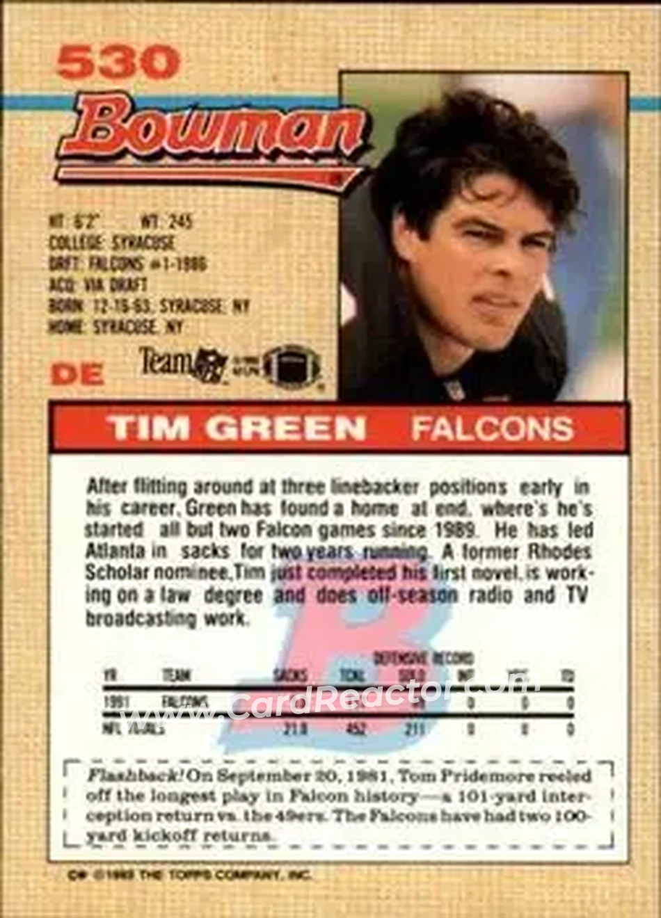 1992 Bowman #530 - Tim Green - Atlanta Falcons - Back