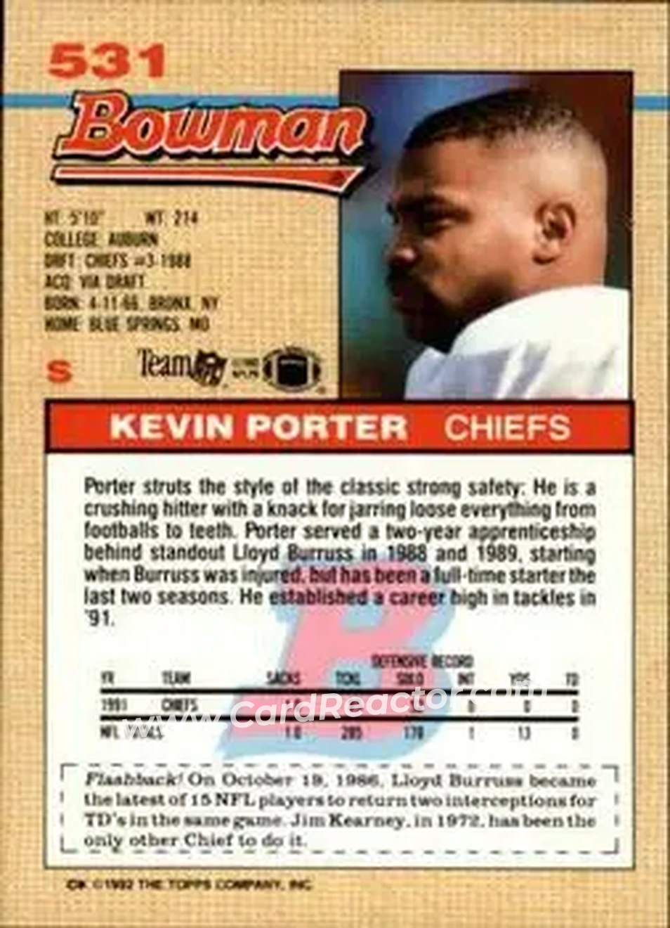 1992 Bowman #531 - Kevin Porter - Kansas City Chiefs - Back