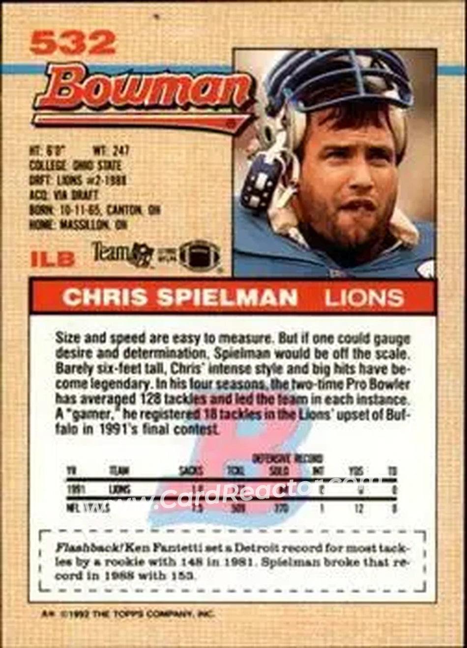 1992 Bowman #532 - Chris Spielman - Detroit Lions - Back