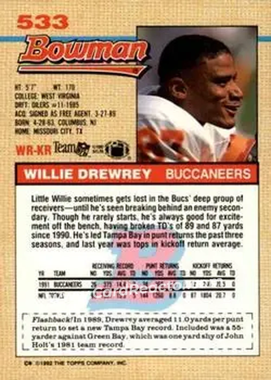 1992 Bowman #533 - Willie Drewrey - Tampa Bay Buccaneers - Back