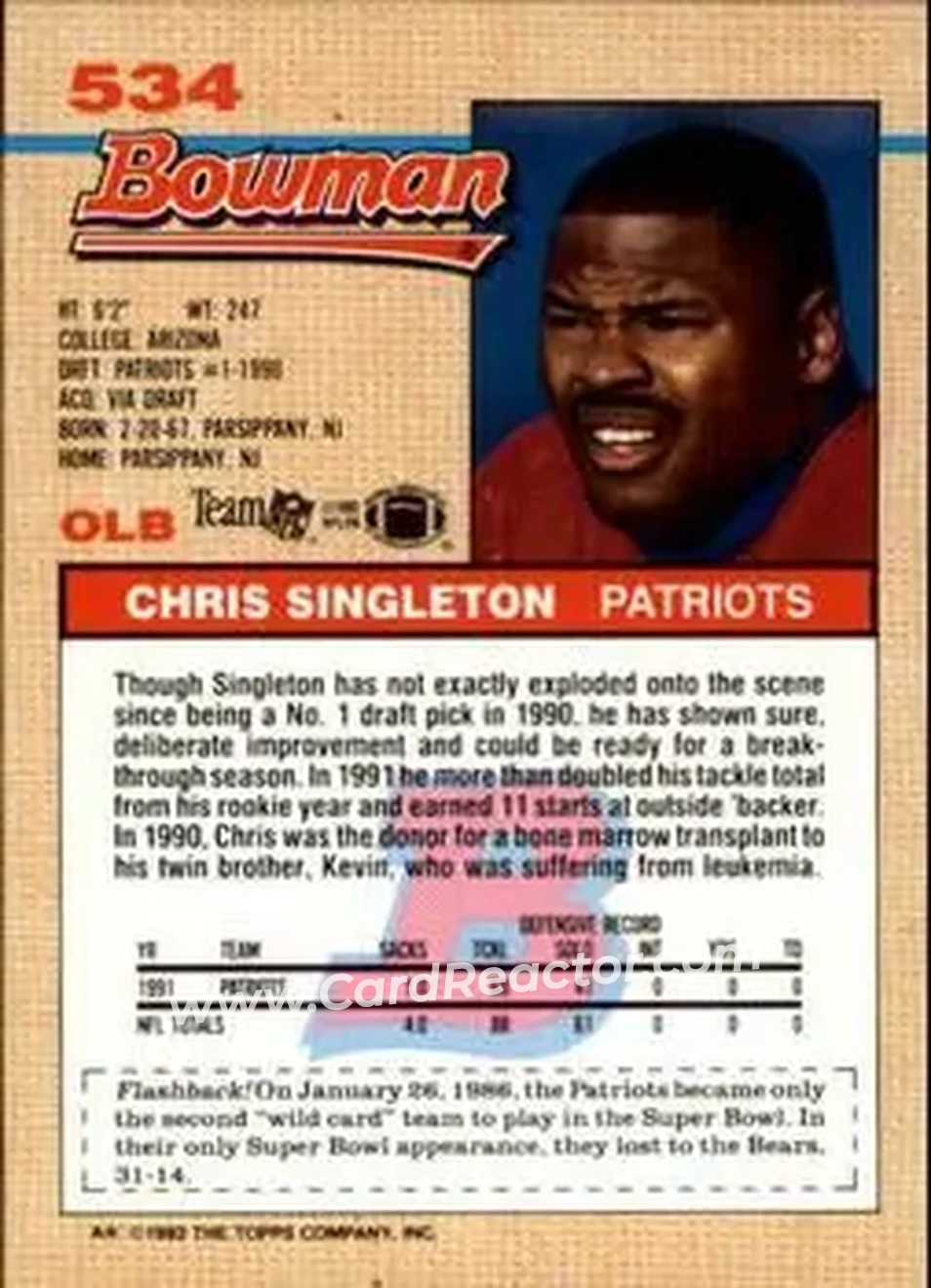 1992 Bowman #534 - Chris Singleton - New England Patriots - Back