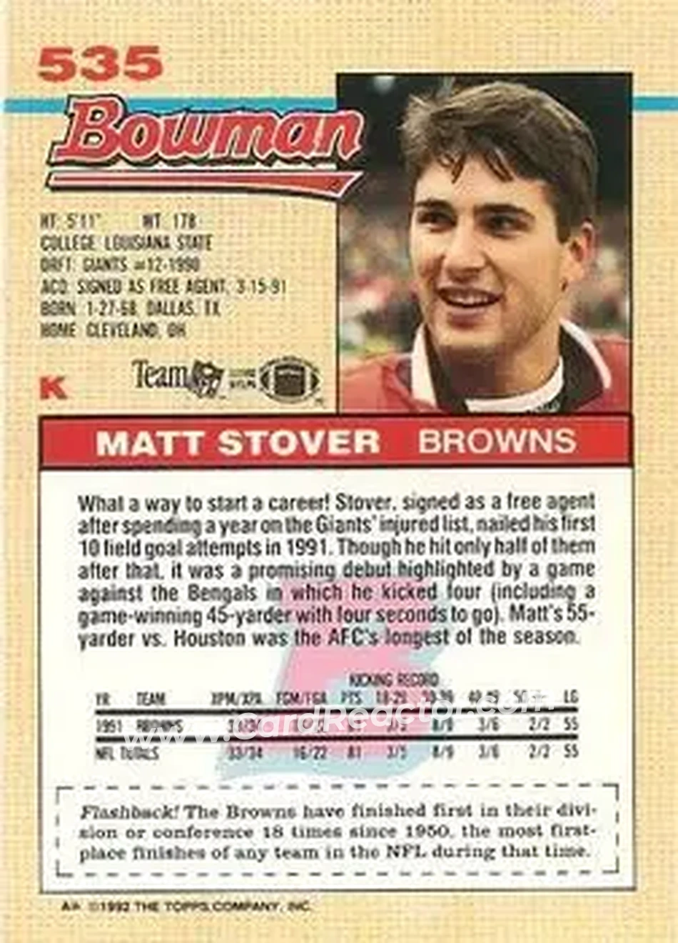1992 Bowman #535 - Matt Stover - Cleveland Browns - Back