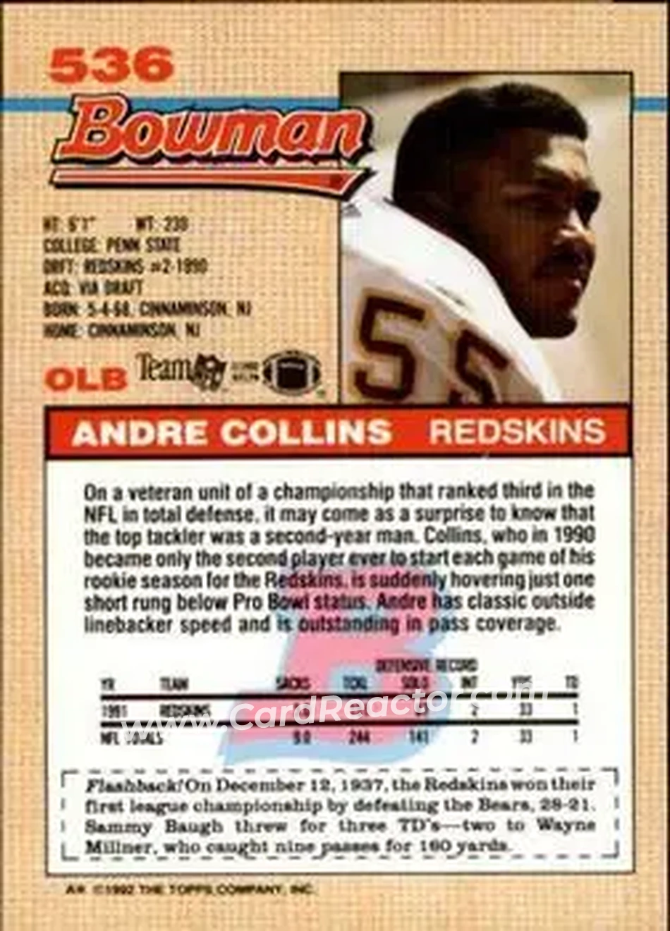 1992 Bowman #536 - Andre Collins - Washington Redskins - Back