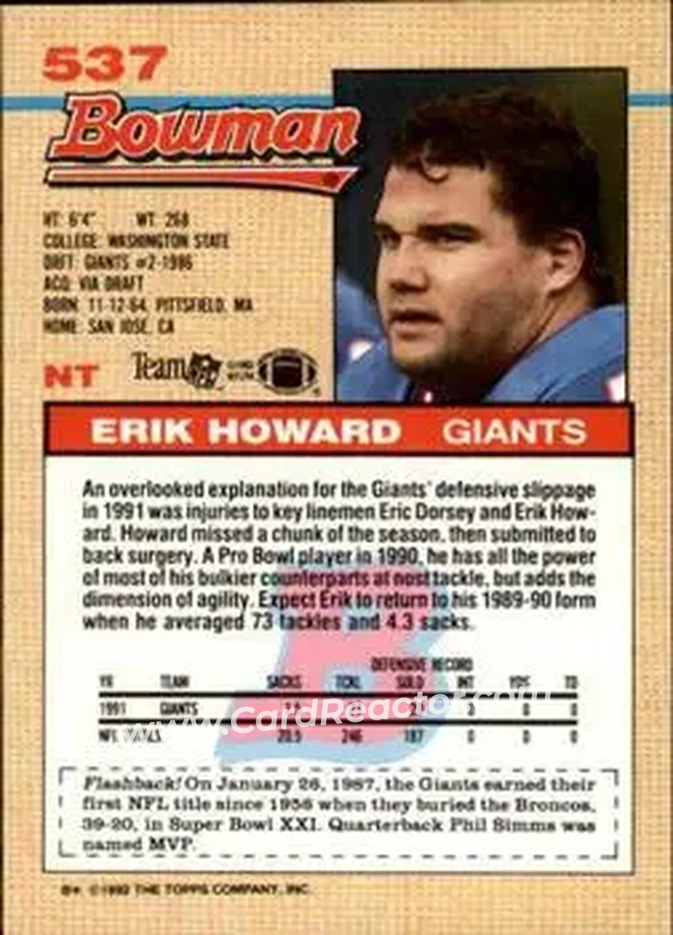 1992 Bowman #537 - Erik Howard - New York Giants - Back