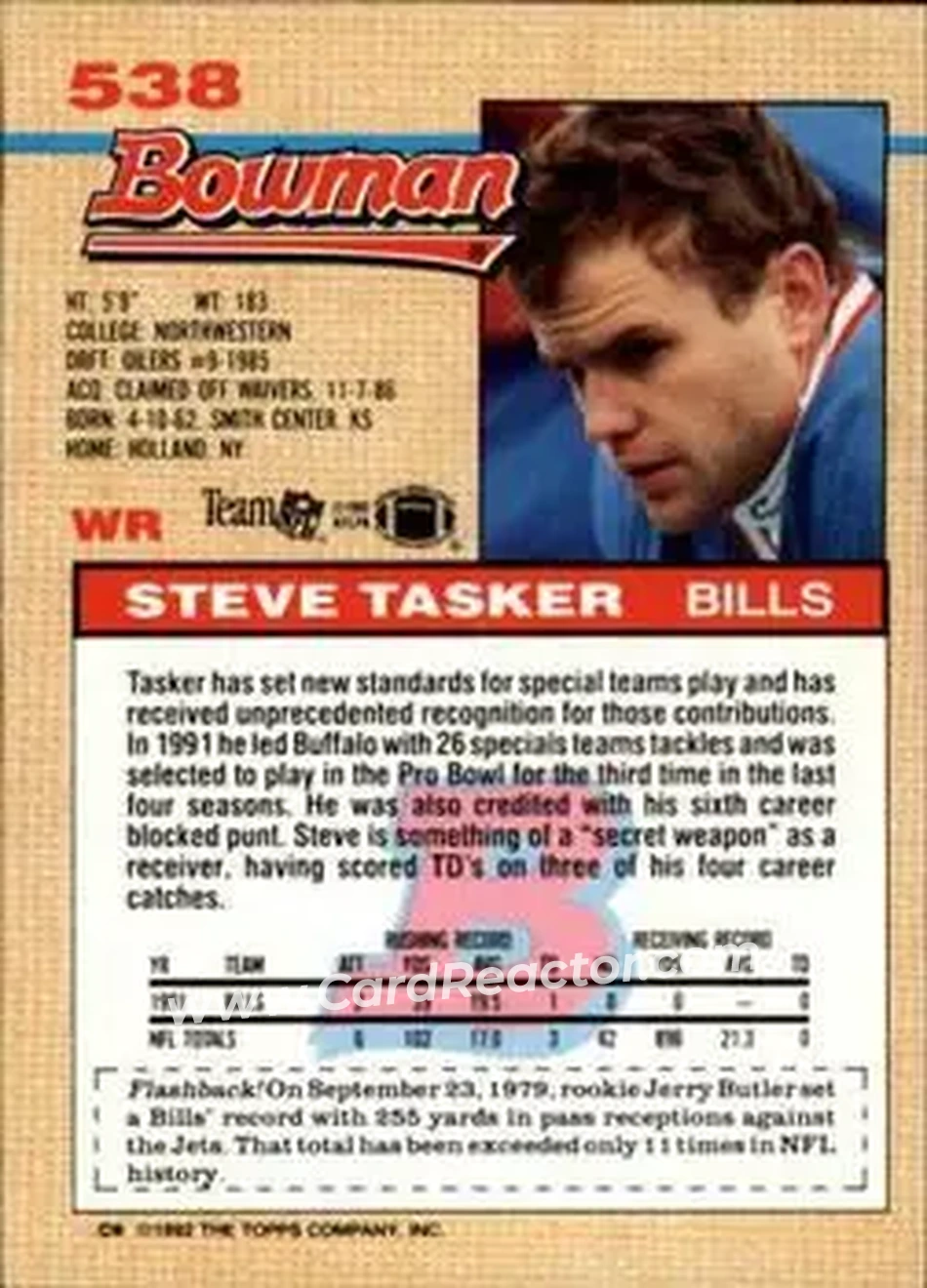 1992 Bowman #538 - Steve Tasker - Buffalo Bills - Back