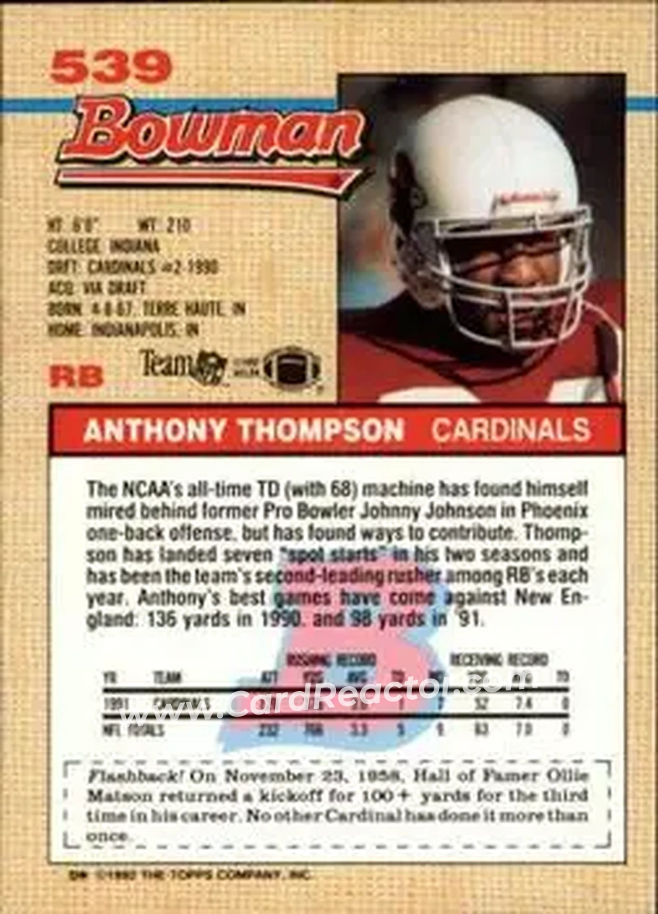 1992 Bowman #539 - Anthony Thompson - Phoenix Cardinals - Back