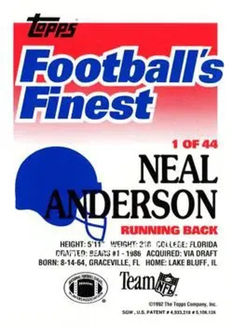 1992 Finest #1 - Neal Anderson - Chicago Bears - Back