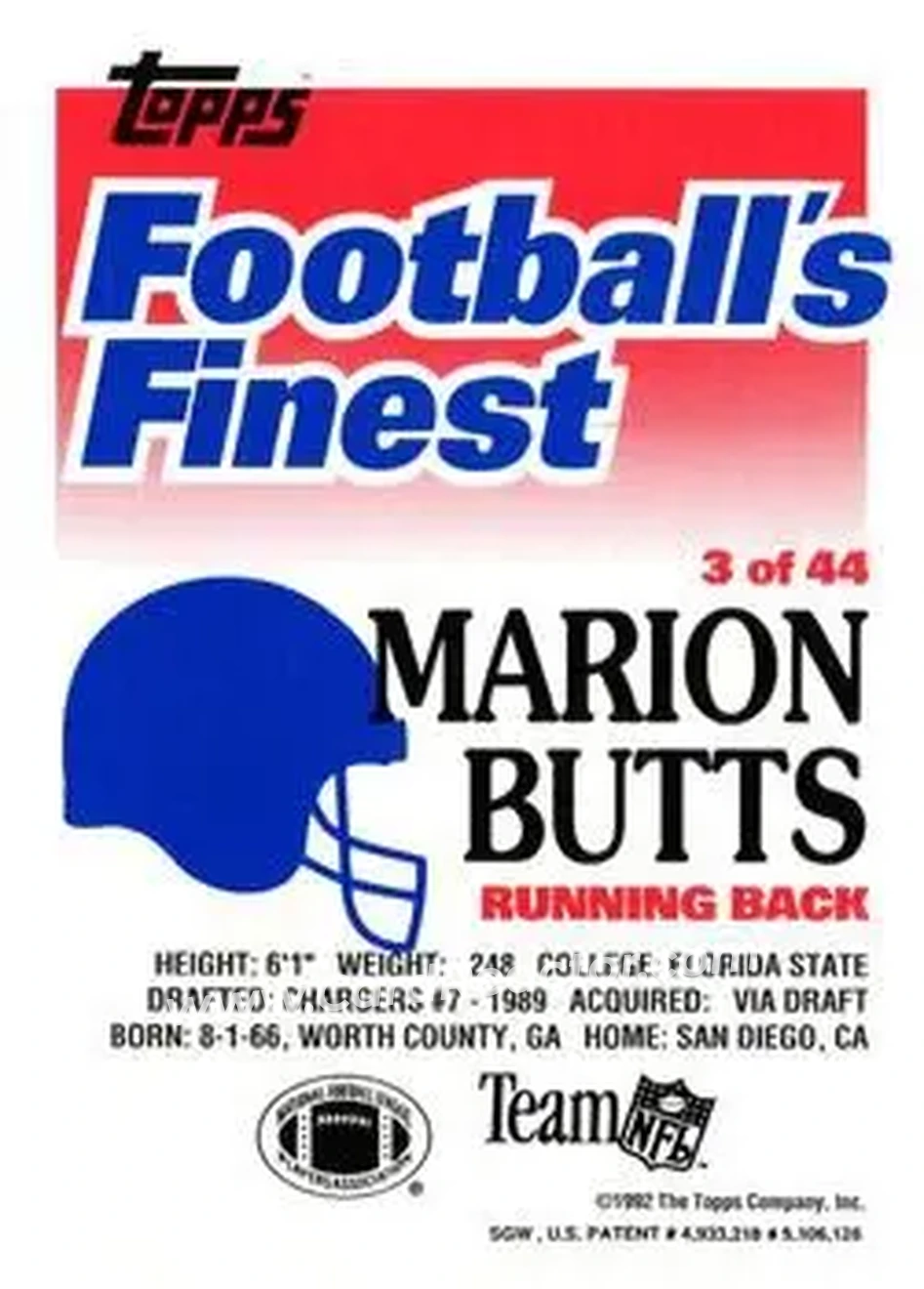 1992 Finest #3 - Marion Butts - San Diego Chargers - Back