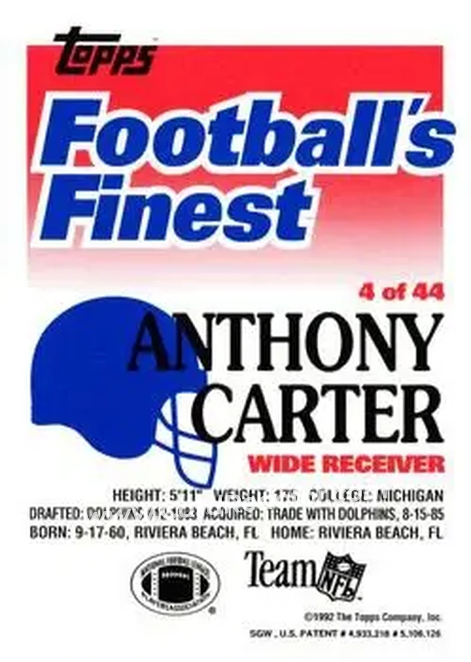 1992 Finest #4 - Anthony Carter - Minnesota Vikings - Back