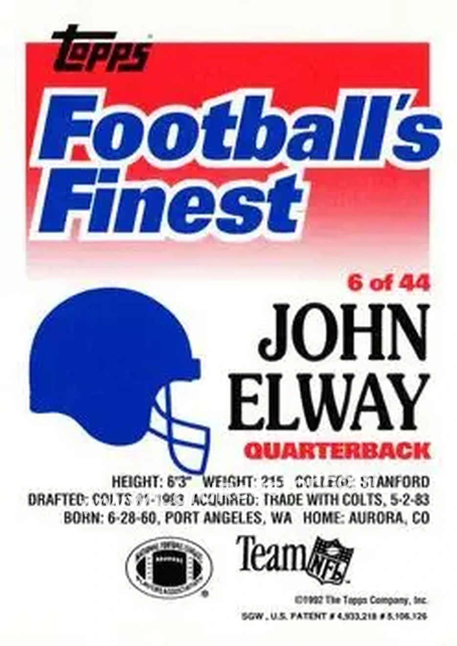 1992 Finest #6 - John Elway - Denver Broncos - Back