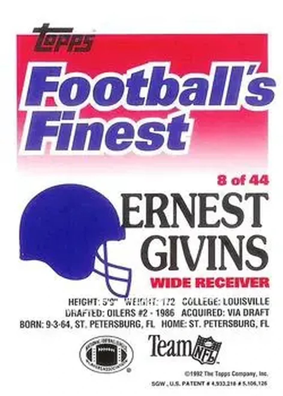 1992 Finest #8 - Ernest Givins - Houston Oilers - Back