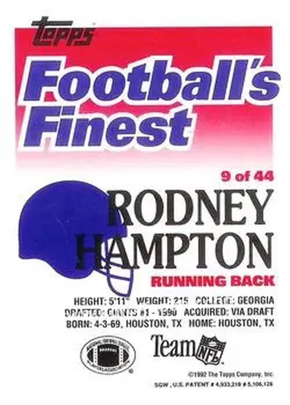 1992 Finest #9 - Rodney Hampton - New York Giants - Back