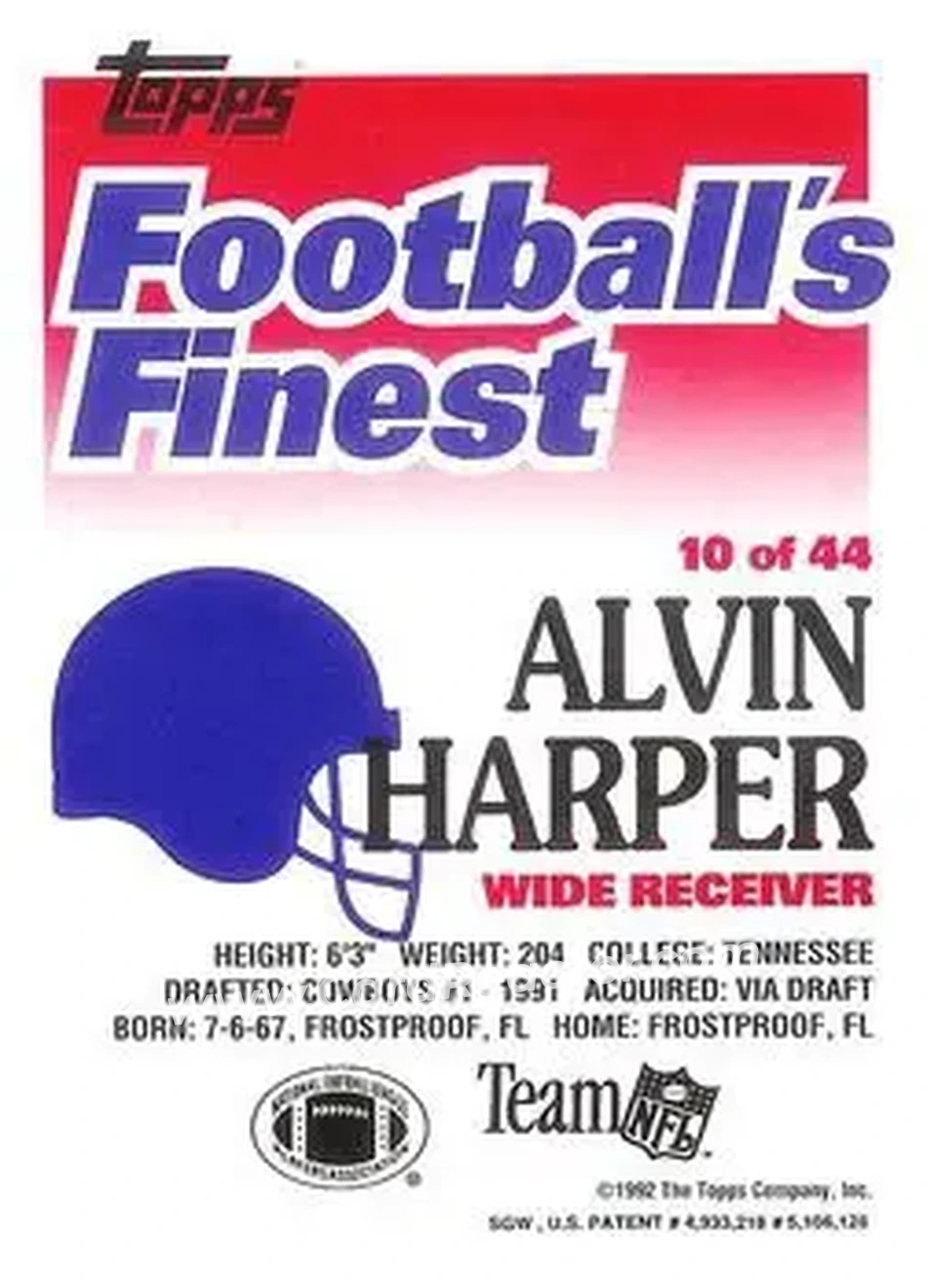 1992 Finest #10 - Alvin Harper - Dallas Cowboys - Back 1992 Finest #10 - Alvin Harper - Dallas Cowboys - Back