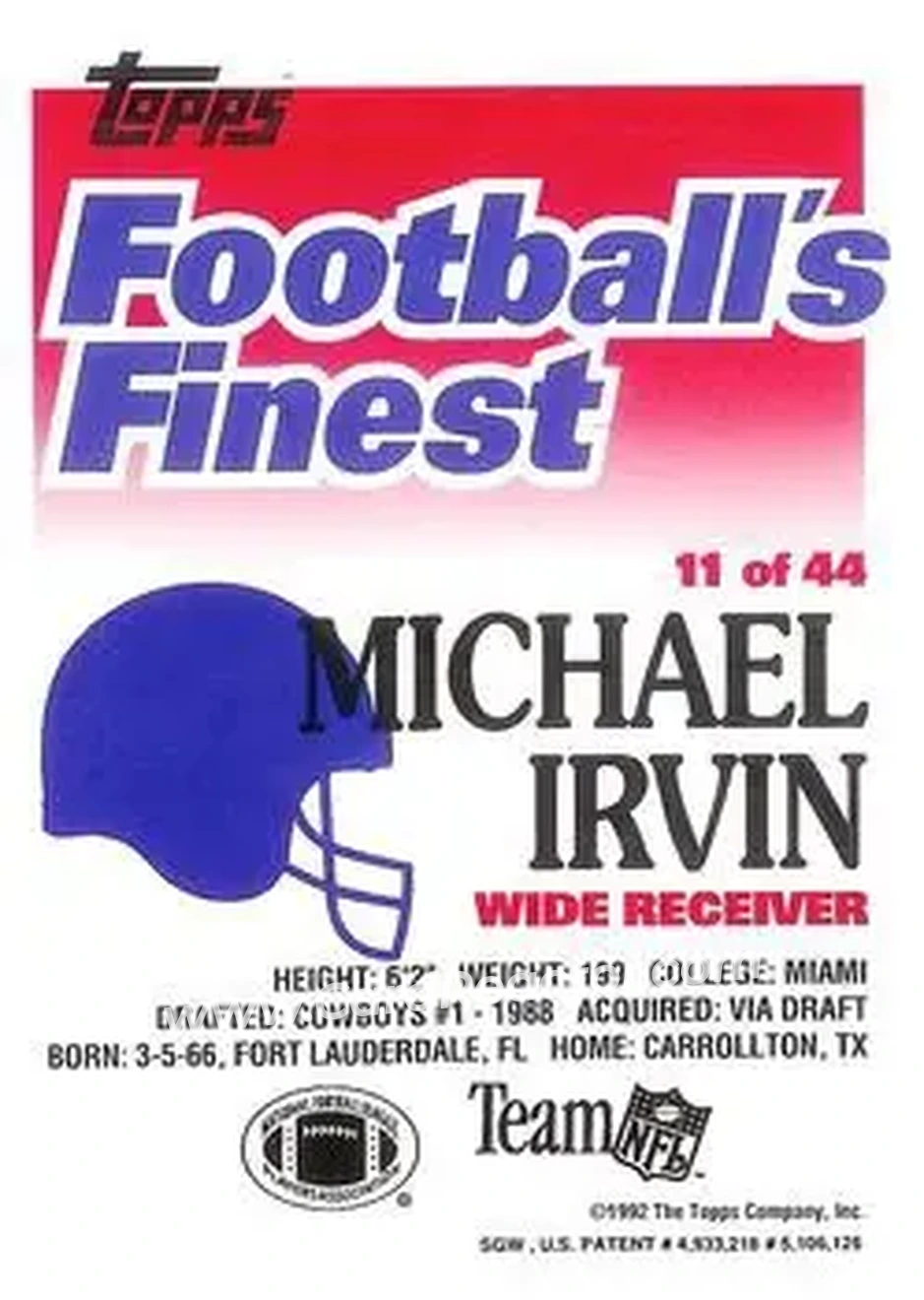 1992 Finest #11 - Michael Irvin - Dallas Cowboys - Back 1992 Finest #11 - Michael Irvin - Dallas Cowboys - Back