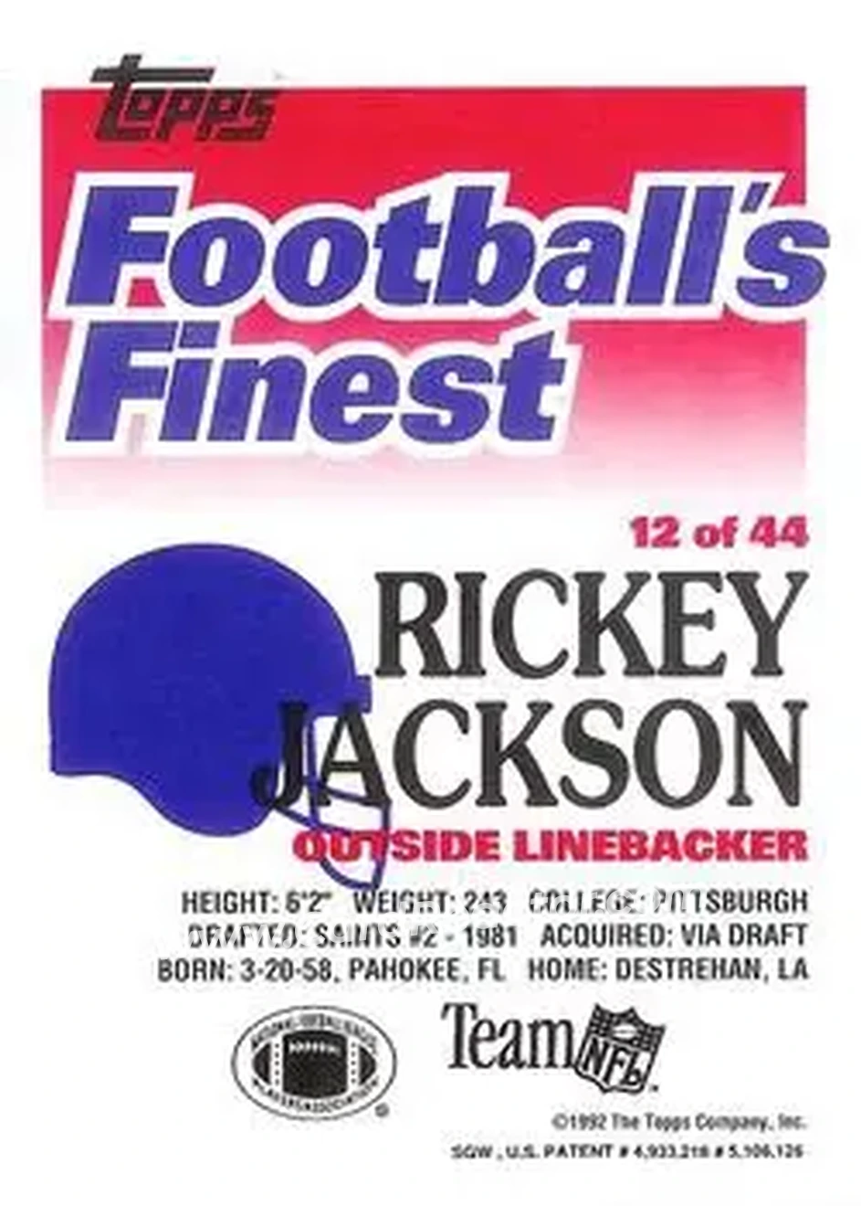 1992 Finest #12 - Rickey Jackson - New Orleans Saints - Back