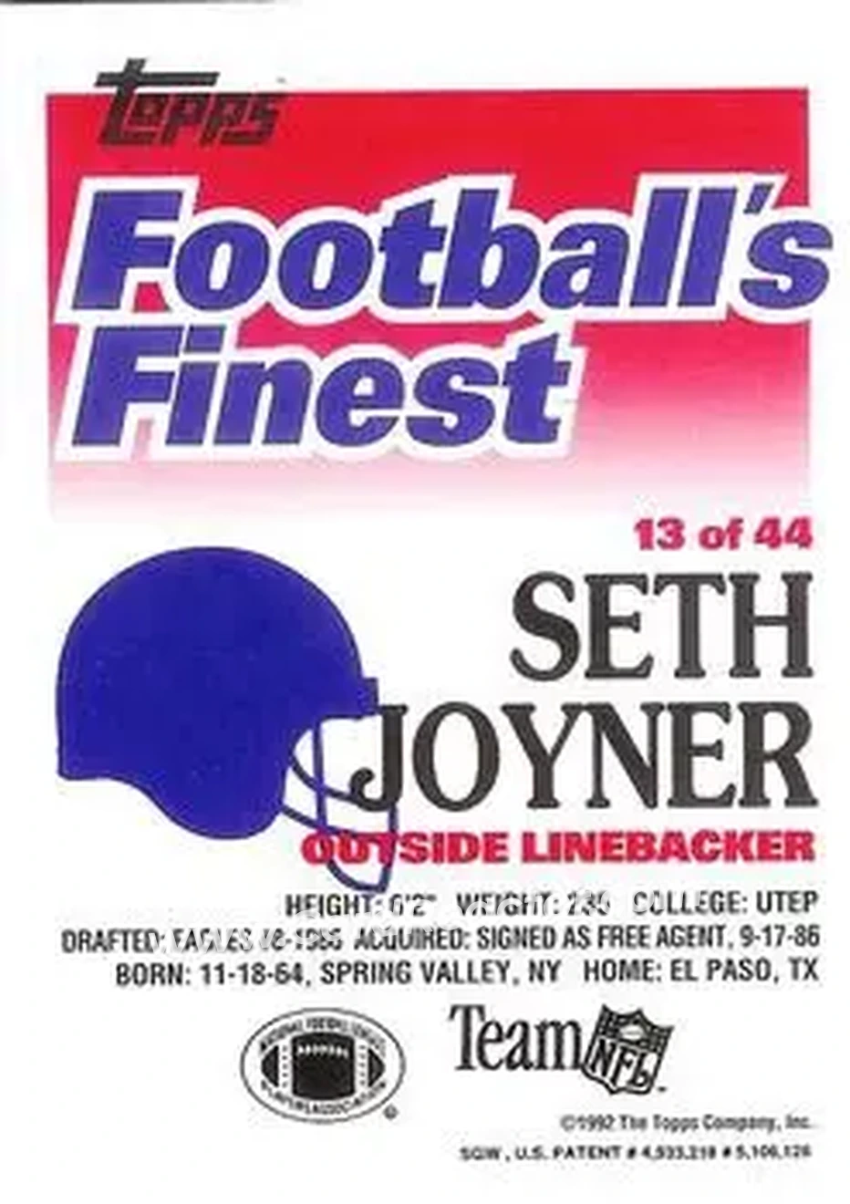 1992 Finest #13 - Seth Joyner - Philadelphia Eagles - Back