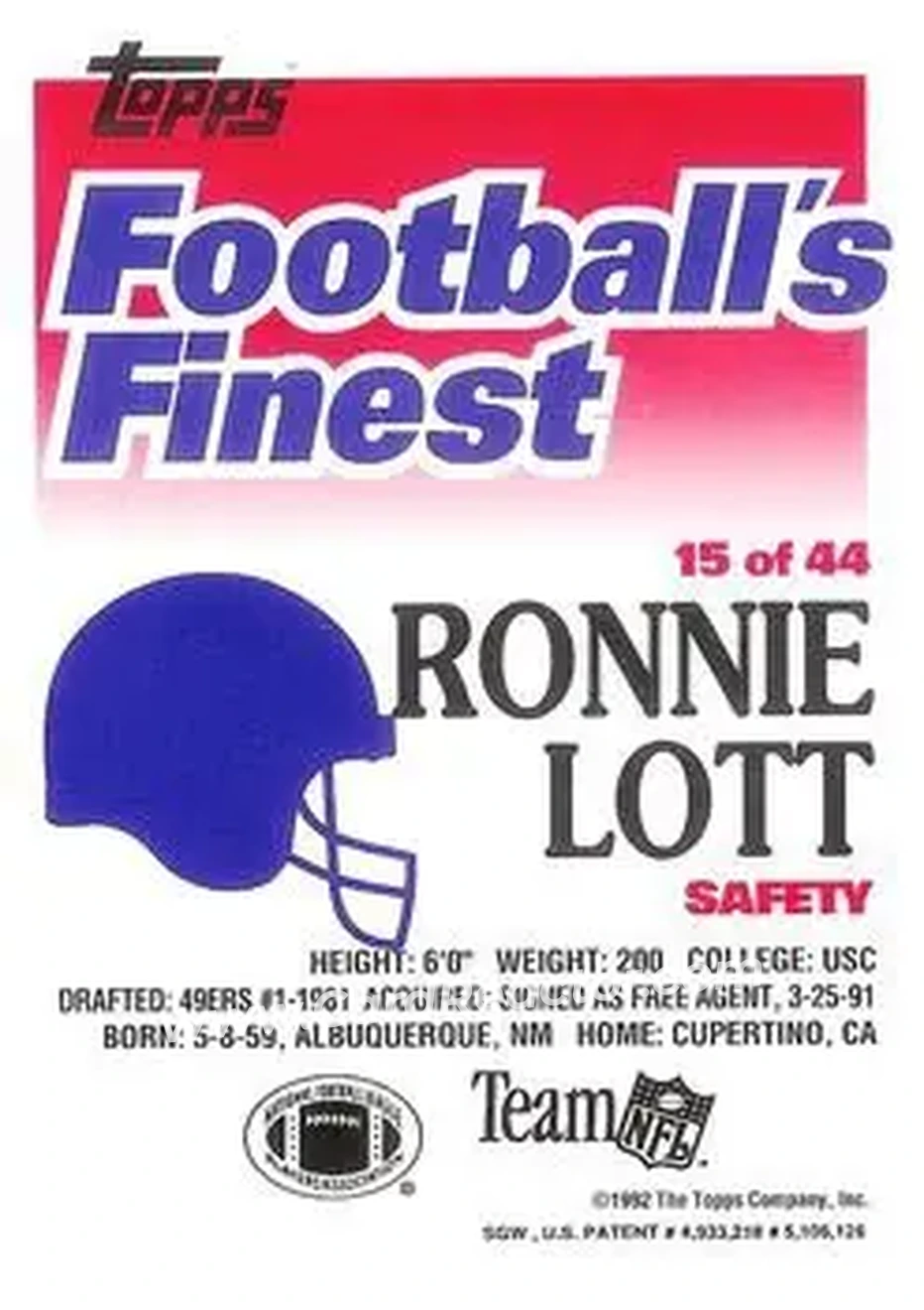 1992 Finest #15 - Ronnie Lott - Los Angeles Raiders - Back