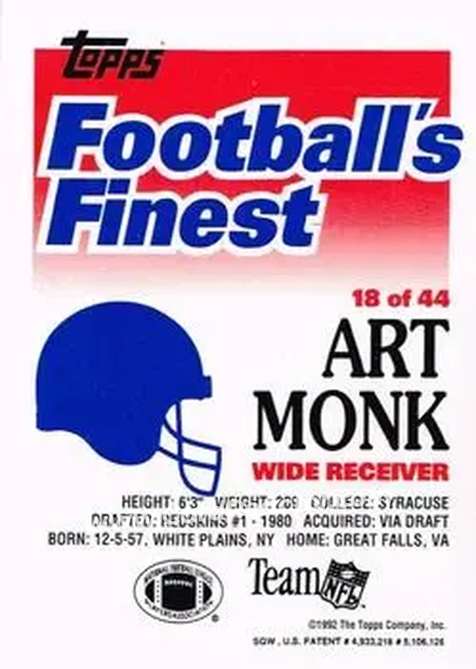 1992 Finest #18 - Art Monk - Washington Redskins - Back