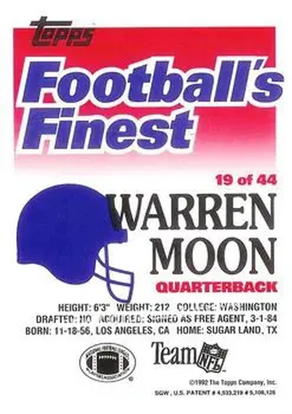 1992 Finest #19 - Warren Moon - Houston Oilers - Back